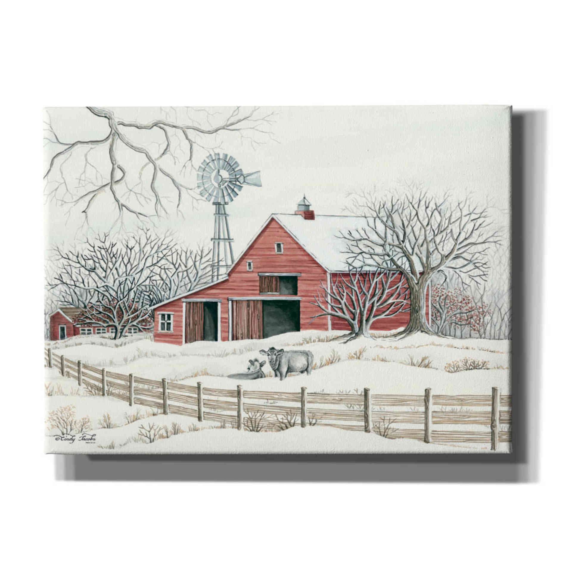 'Winter Barn with Windmill' by Cindy Jacobs, Canvas Wall Art