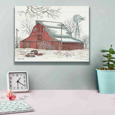 Image of 'Winter Barn with Pickup Truck' by Cindy Jacobs, Canvas Wall Art,16 x 12