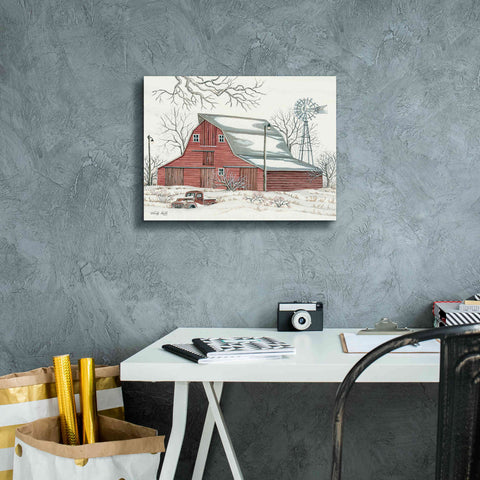 Image of 'Winter Barn with Pickup Truck' by Cindy Jacobs, Canvas Wall Art,16 x 12