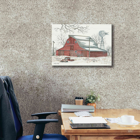 Image of 'Winter Barn with Pickup Truck' by Cindy Jacobs, Canvas Wall Art,26 x 18