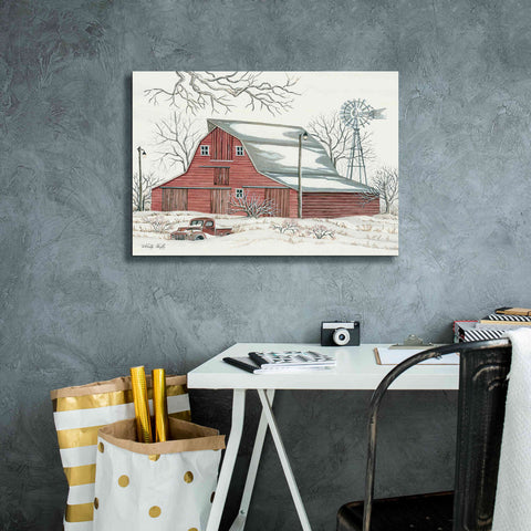 Image of 'Winter Barn with Pickup Truck' by Cindy Jacobs, Canvas Wall Art,26 x 18