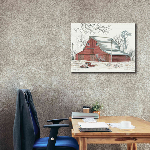 Image of 'Winter Barn with Pickup Truck' by Cindy Jacobs, Canvas Wall Art,34 x 26