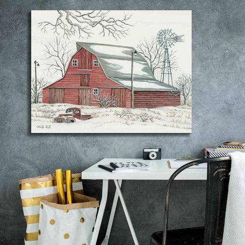 Image of 'Winter Barn with Pickup Truck' by Cindy Jacobs, Canvas Wall Art,34 x 26