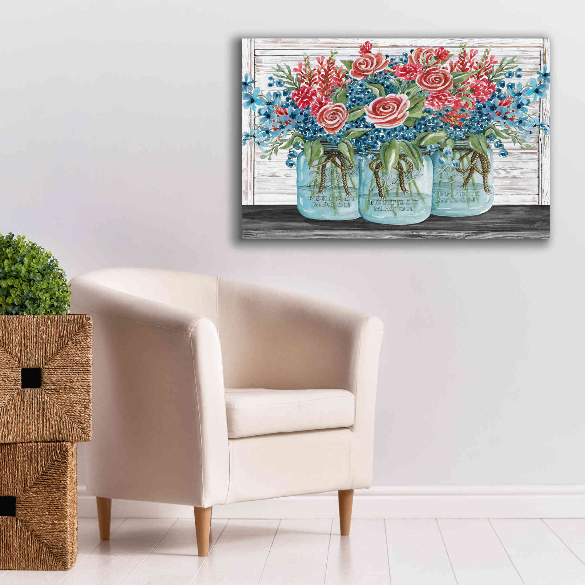 'Red, White & Blue Jars with White Flowers' by Cindy Jacobs, Canvas Wall Art,40 x 26