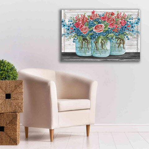 Image of 'Red, White & Blue Jars with White Flowers' by Cindy Jacobs, Canvas Wall Art,40 x 26