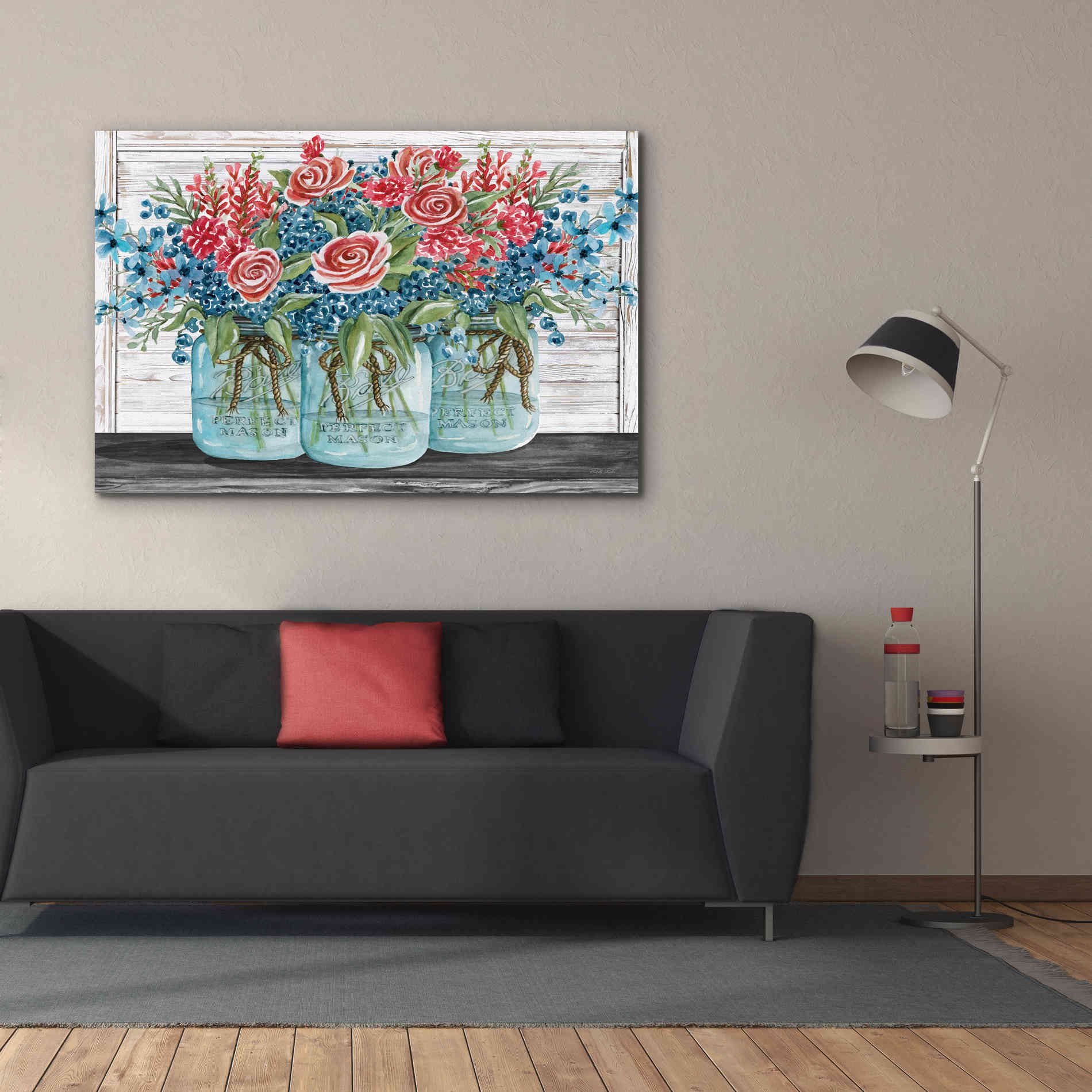 'Red, White & Blue Jars with White Flowers' by Cindy Jacobs, Canvas Wall Art,60 x 40