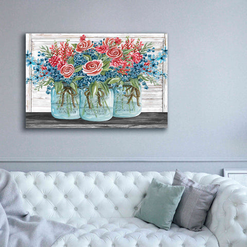 Image of 'Red, White & Blue Jars with White Flowers' by Cindy Jacobs, Canvas Wall Art,60 x 40