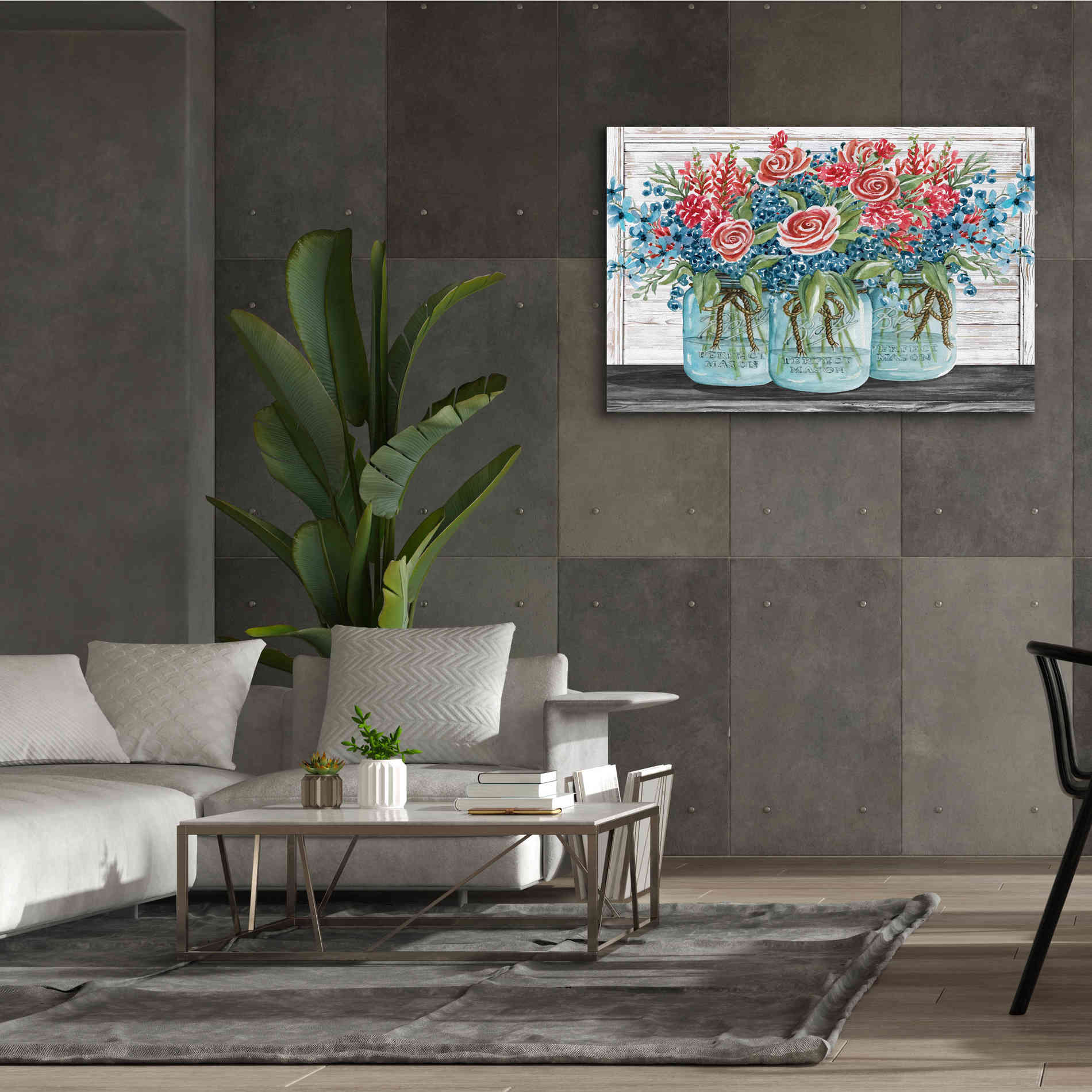 'Red, White & Blue Jars with White Flowers' by Cindy Jacobs, Canvas Wall Art,60 x 40