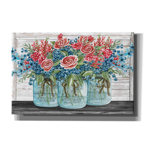 Image of 'Red, White & Blue Jars with White Flowers' by Cindy Jacobs, Canvas Wall Art