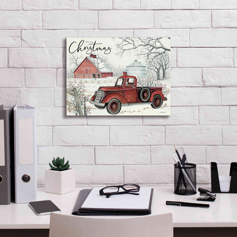 Image of 'Red Truck Winter Barn' by Cindy Jacobs, Canvas Wall Art,16 x 12