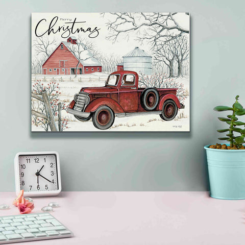 Image of 'Red Truck Winter Barn' by Cindy Jacobs, Canvas Wall Art,16 x 12