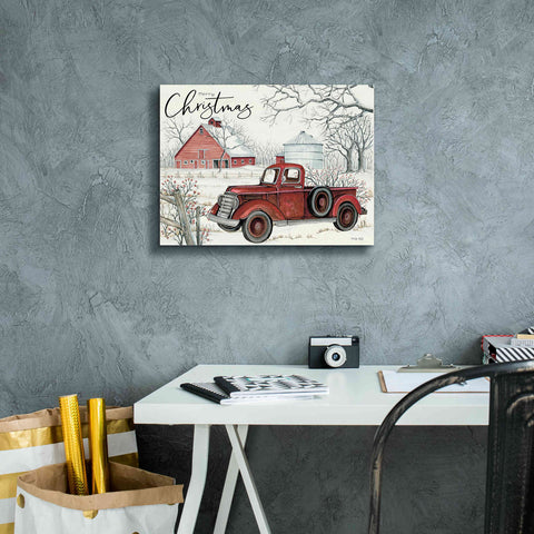 Image of 'Red Truck Winter Barn' by Cindy Jacobs, Canvas Wall Art,16 x 12