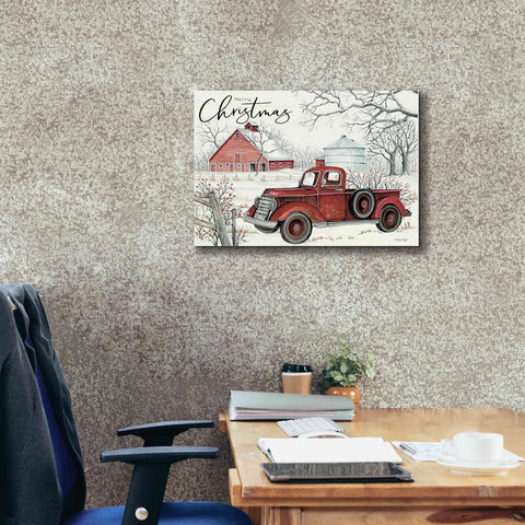 Image of 'Red Truck Winter Barn' by Cindy Jacobs, Canvas Wall Art,26 x 18