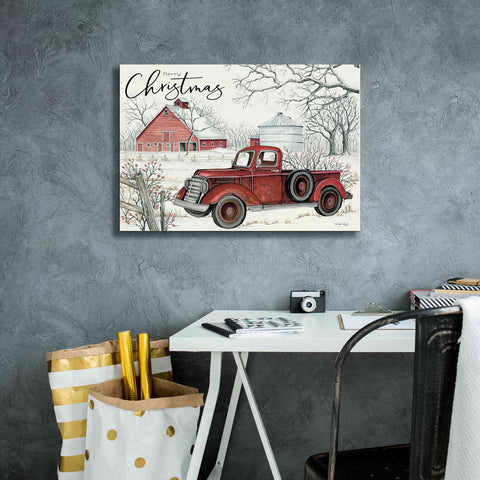 Image of 'Red Truck Winter Barn' by Cindy Jacobs, Canvas Wall Art,26 x 18