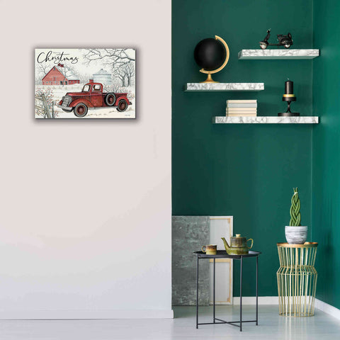 Image of 'Red Truck Winter Barn' by Cindy Jacobs, Canvas Wall Art,26 x 18