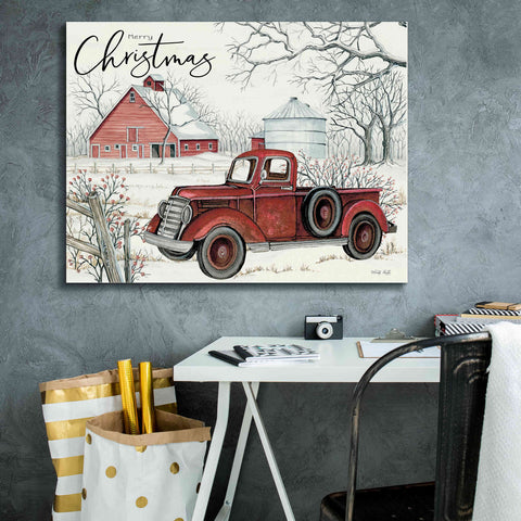 Image of 'Red Truck Winter Barn' by Cindy Jacobs, Canvas Wall Art,34 x 26