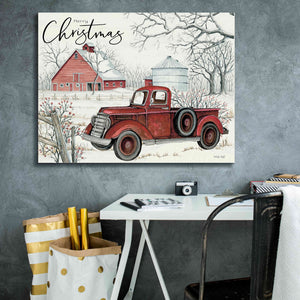 'Red Truck Winter Barn' by Cindy Jacobs, Canvas Wall Art,34 x 26