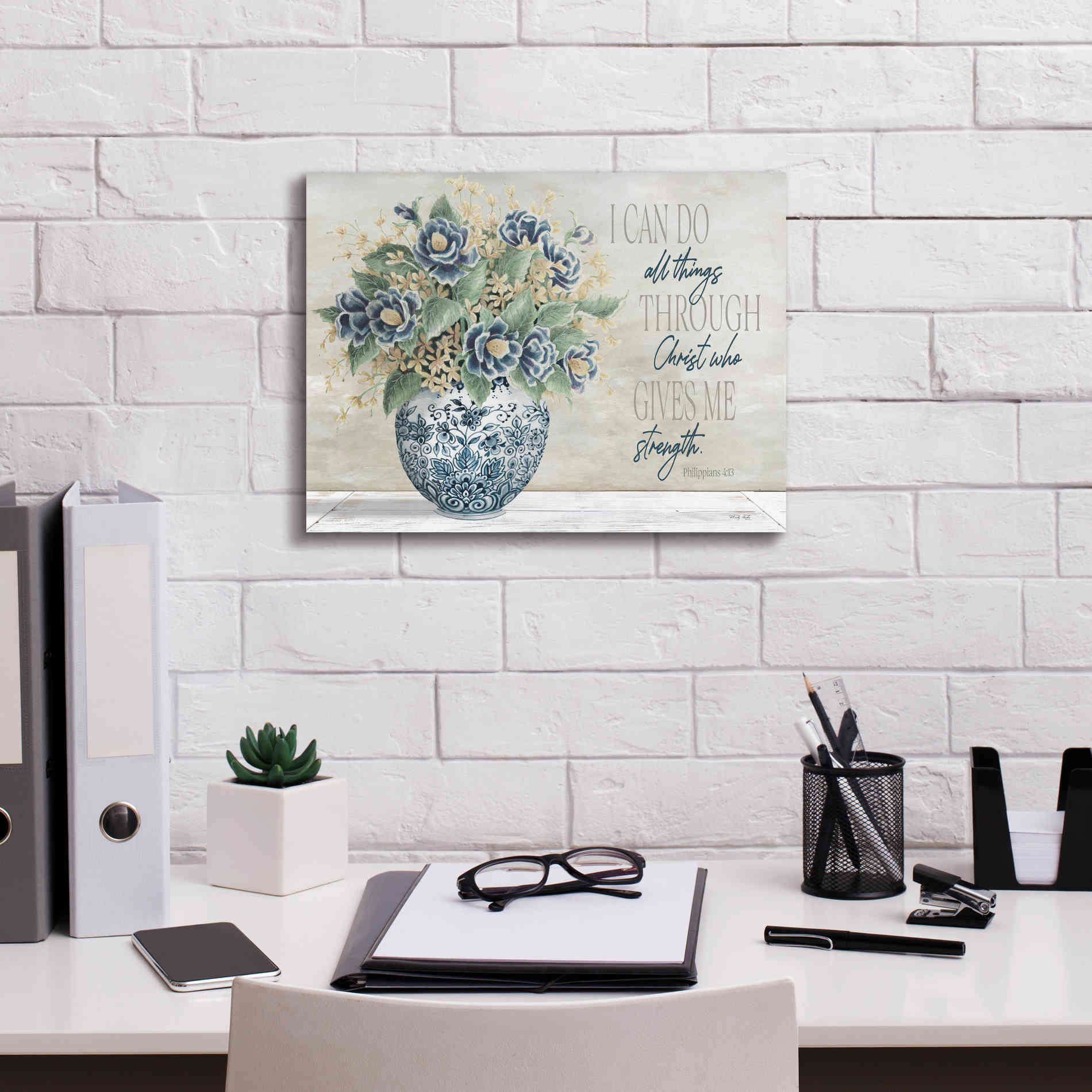 'I Can Do All Things Blue Vase' by Cindy Jacobs, Canvas Wall Art,16 x 12