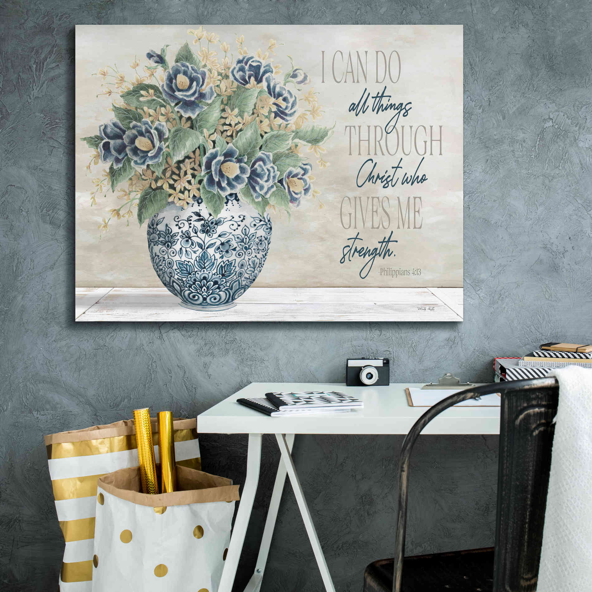 'I Can Do All Things Blue Vase' by Cindy Jacobs, Canvas Wall Art,34 x 26