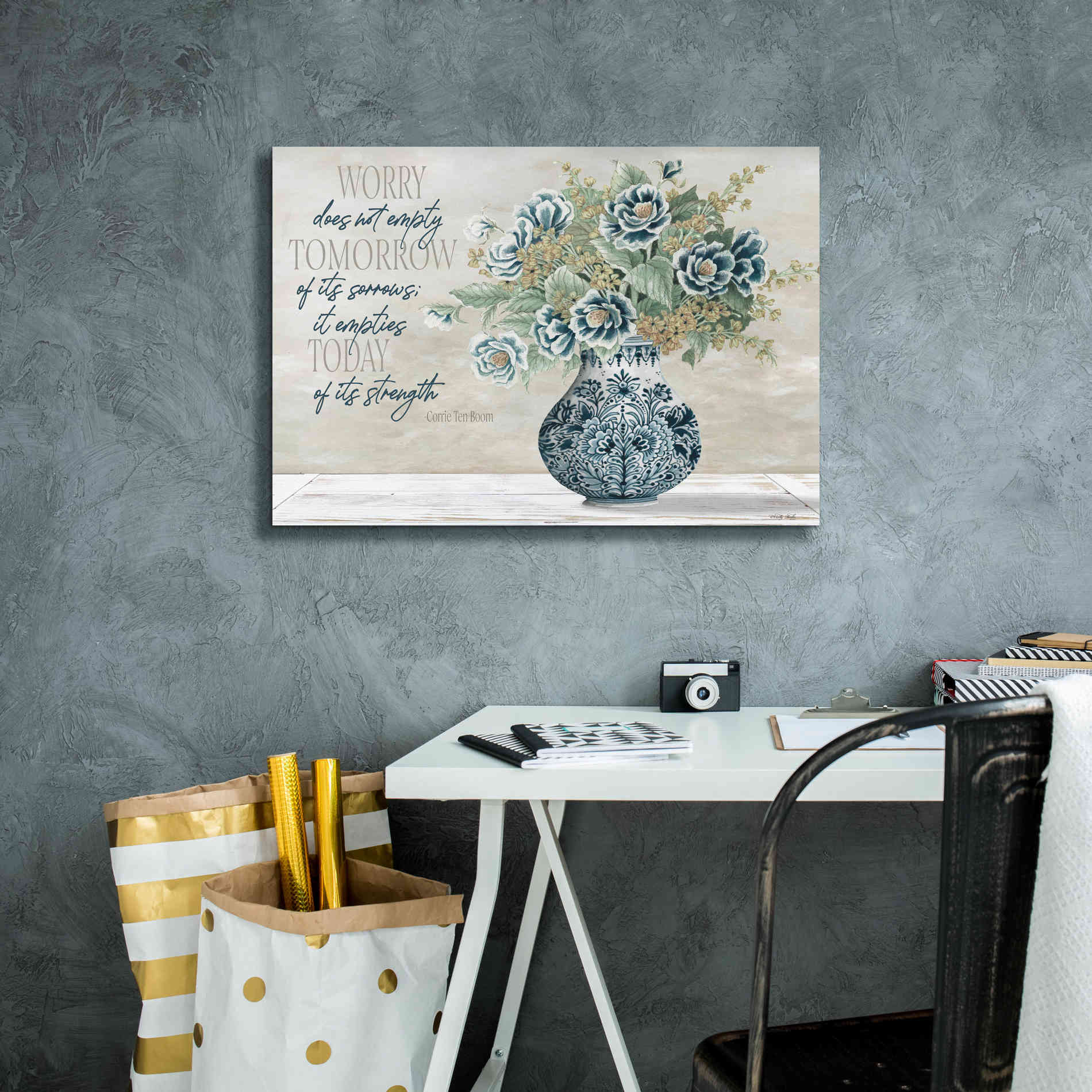 'Don't Worry Blue Vase' by Cindy Jacobs, Canvas Wall Art,26 x 18