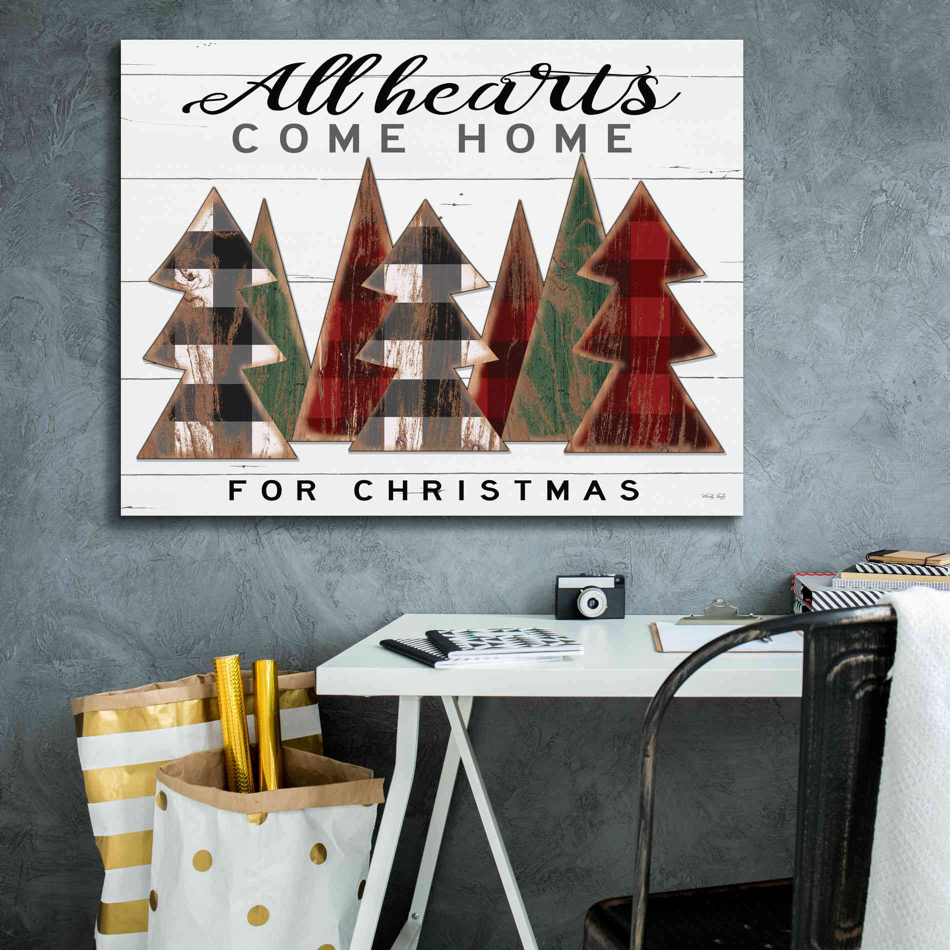 'All Hearts Come Home Plaid Trees' by Cindy Jacobs, Canvas Wall Art,34 x 26