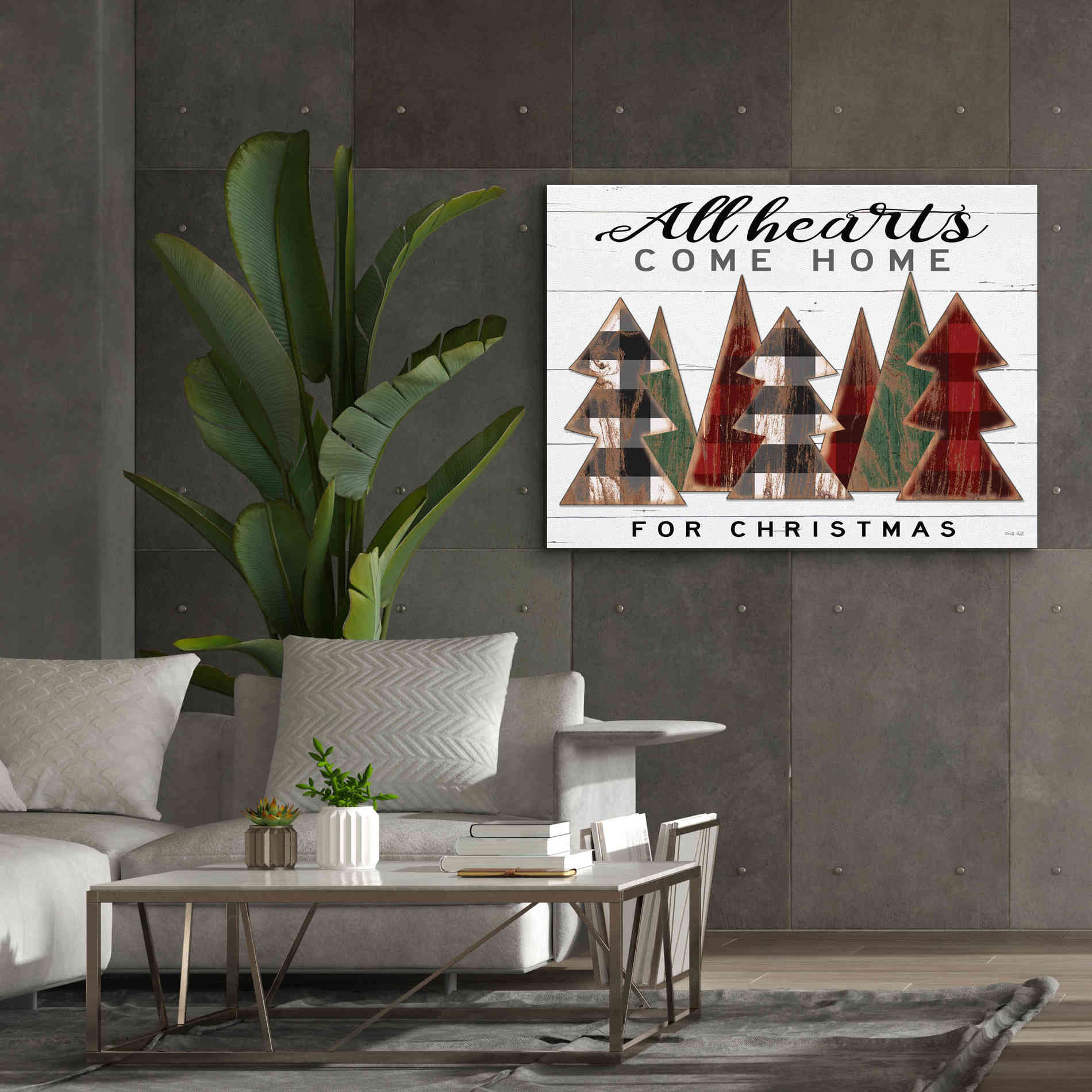 'All Hearts Come Home Plaid Trees' by Cindy Jacobs, Canvas Wall Art,54 x 40