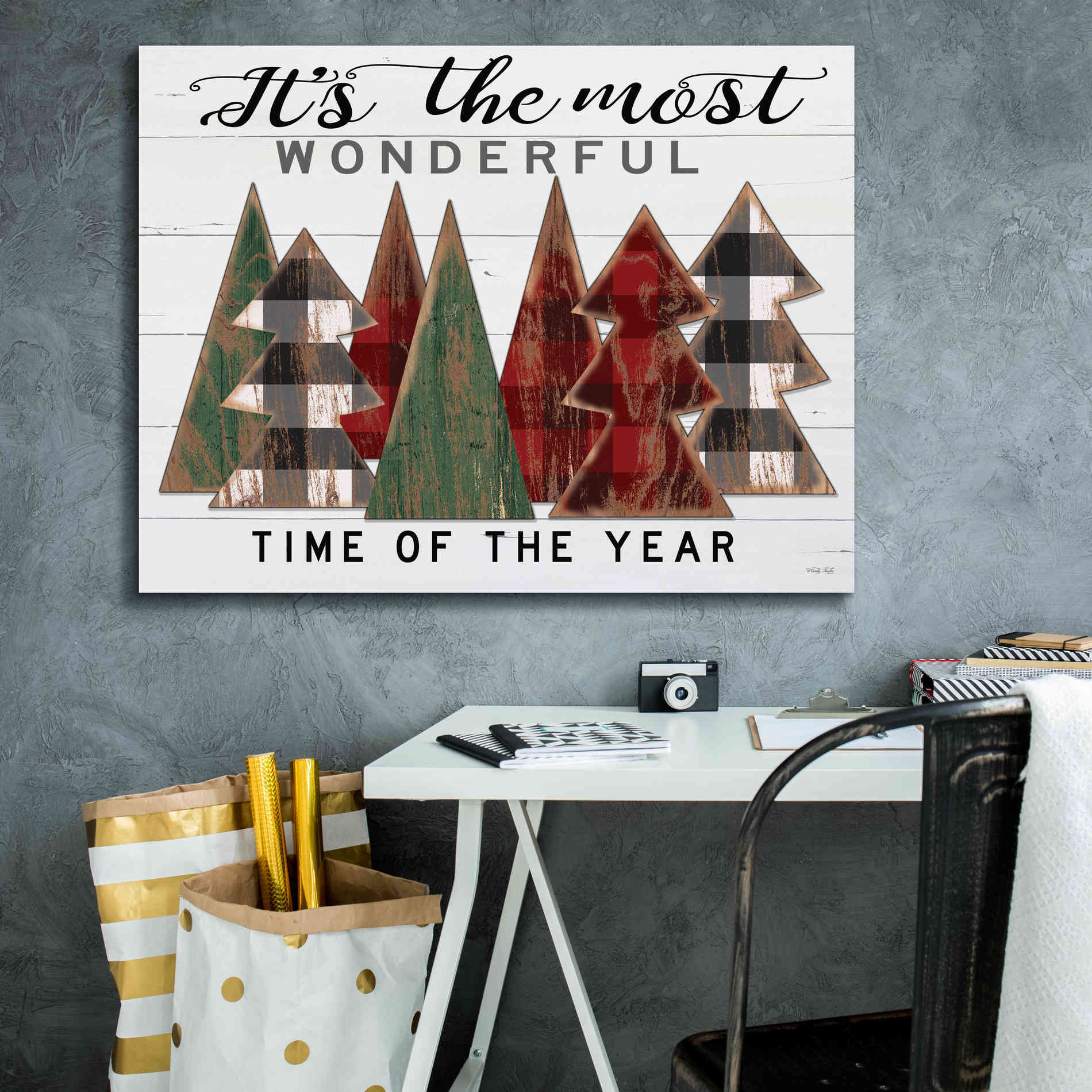 'It's the Most Wonderful Time Plaid Trees' by Cindy Jacobs, Canvas Wall Art,34 x 26