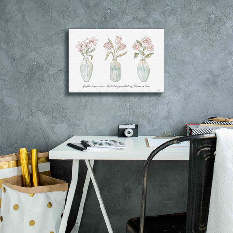 Image of 'Faith, Hope, Love Flower Vases' by Cindy Jacobs, Canvas Wall Art,18 x 12