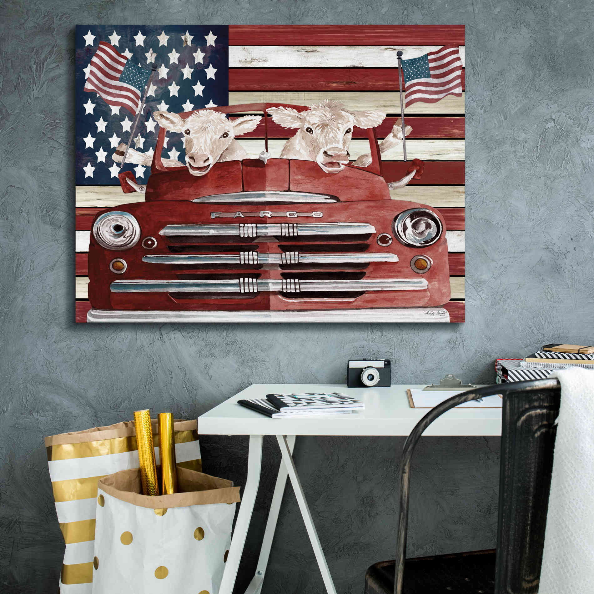 'Patriotic Cows' by Cindy Jacobs, Canvas Wall Art,34 x 26