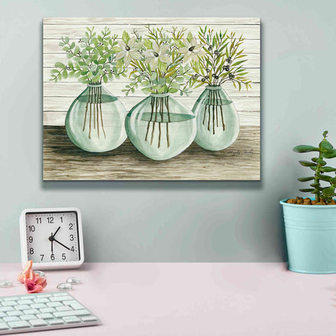 Image of 'Eucalyptus in Glass Vases' by Cindy Jacobs, Canvas Wall Art,16 x 12