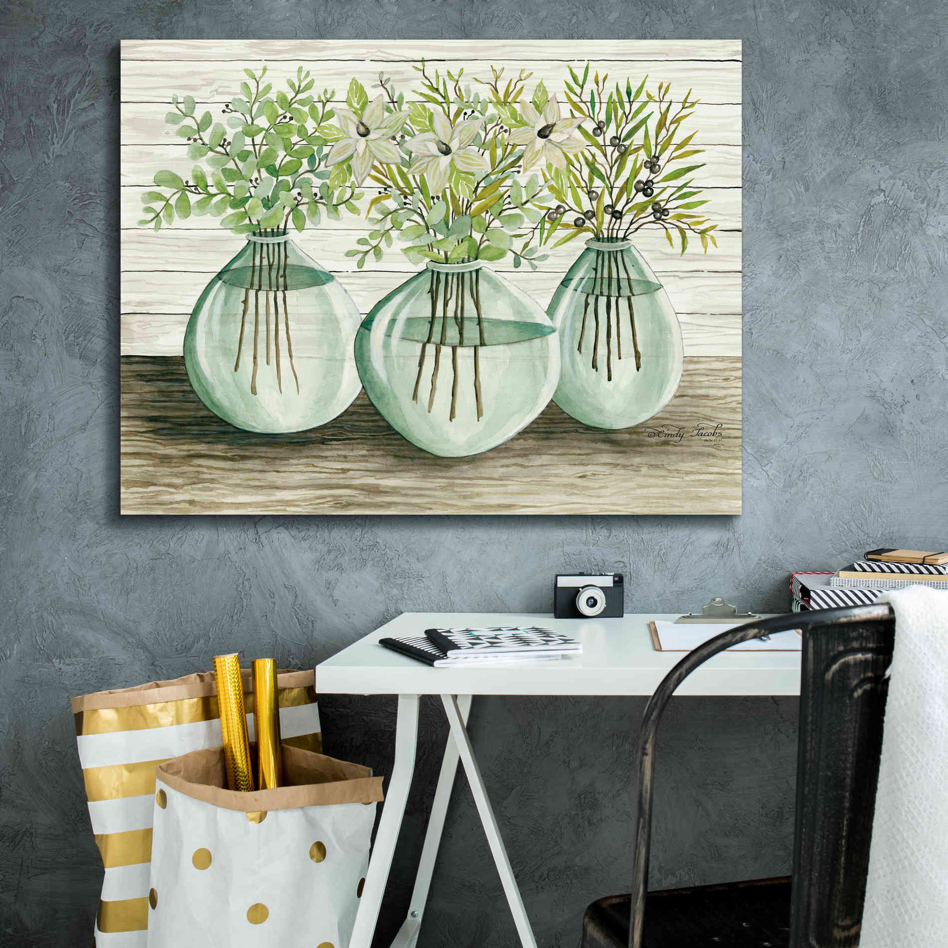 'Eucalyptus in Glass Vases' by Cindy Jacobs, Canvas Wall Art,34 x 26