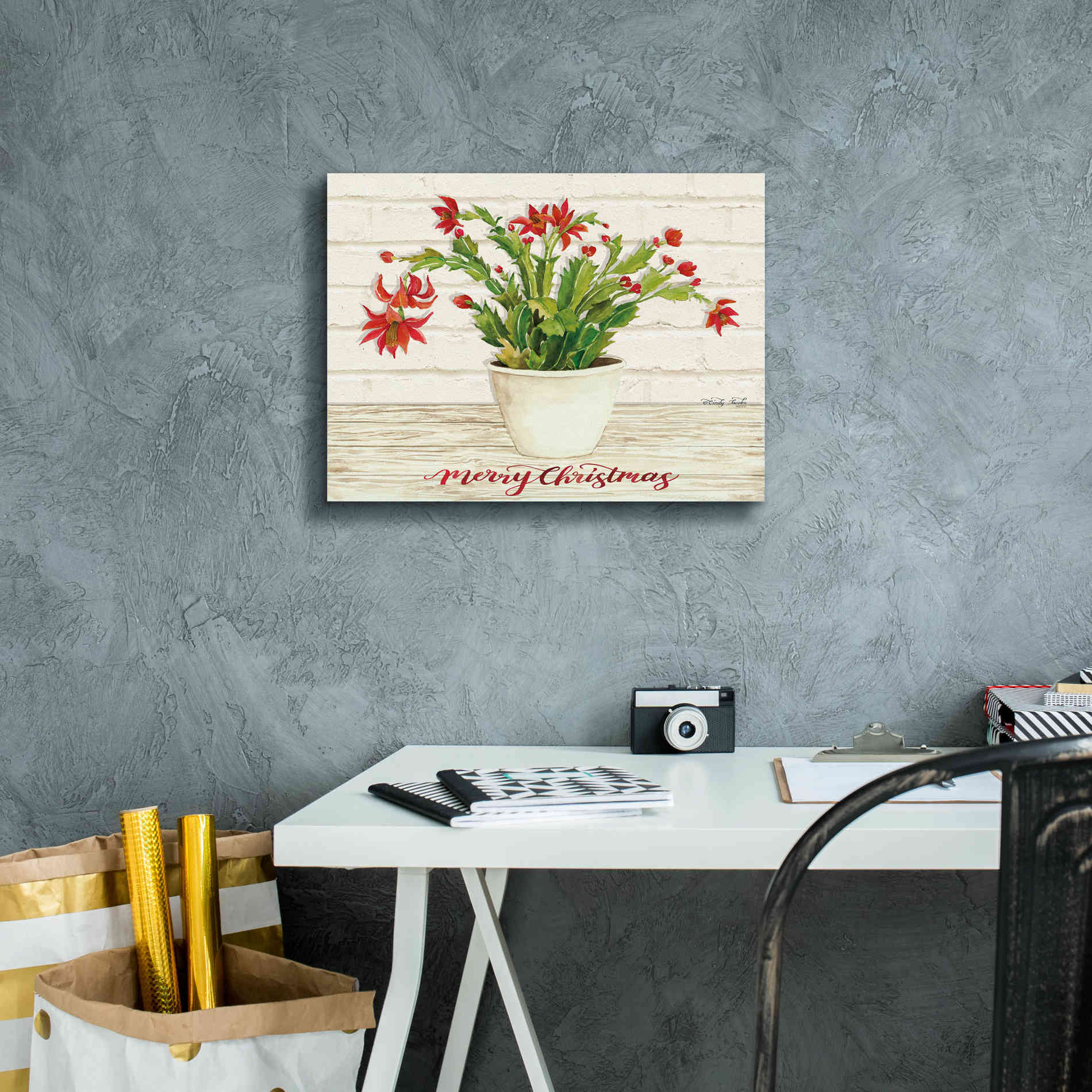 'Christmas Cactus - Merry Christmas' by Cindy Jacobs, Canvas Wall Art,16 x 12