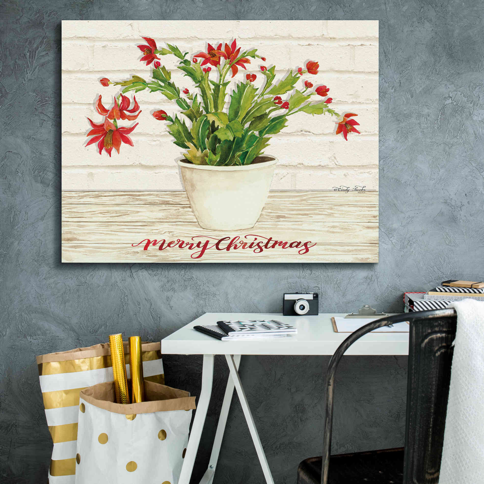 'Christmas Cactus - Merry Christmas' by Cindy Jacobs, Canvas Wall Art,34 x 26