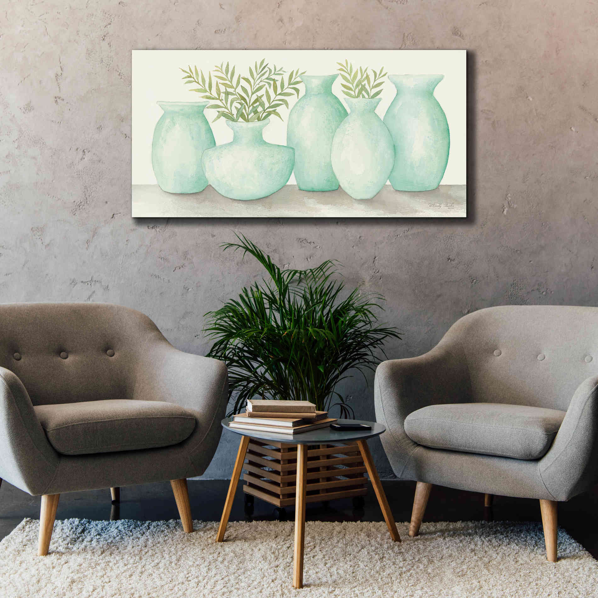 'Mint Vases' by Cindy Jacobs, Canvas Wall Art,60 x 30