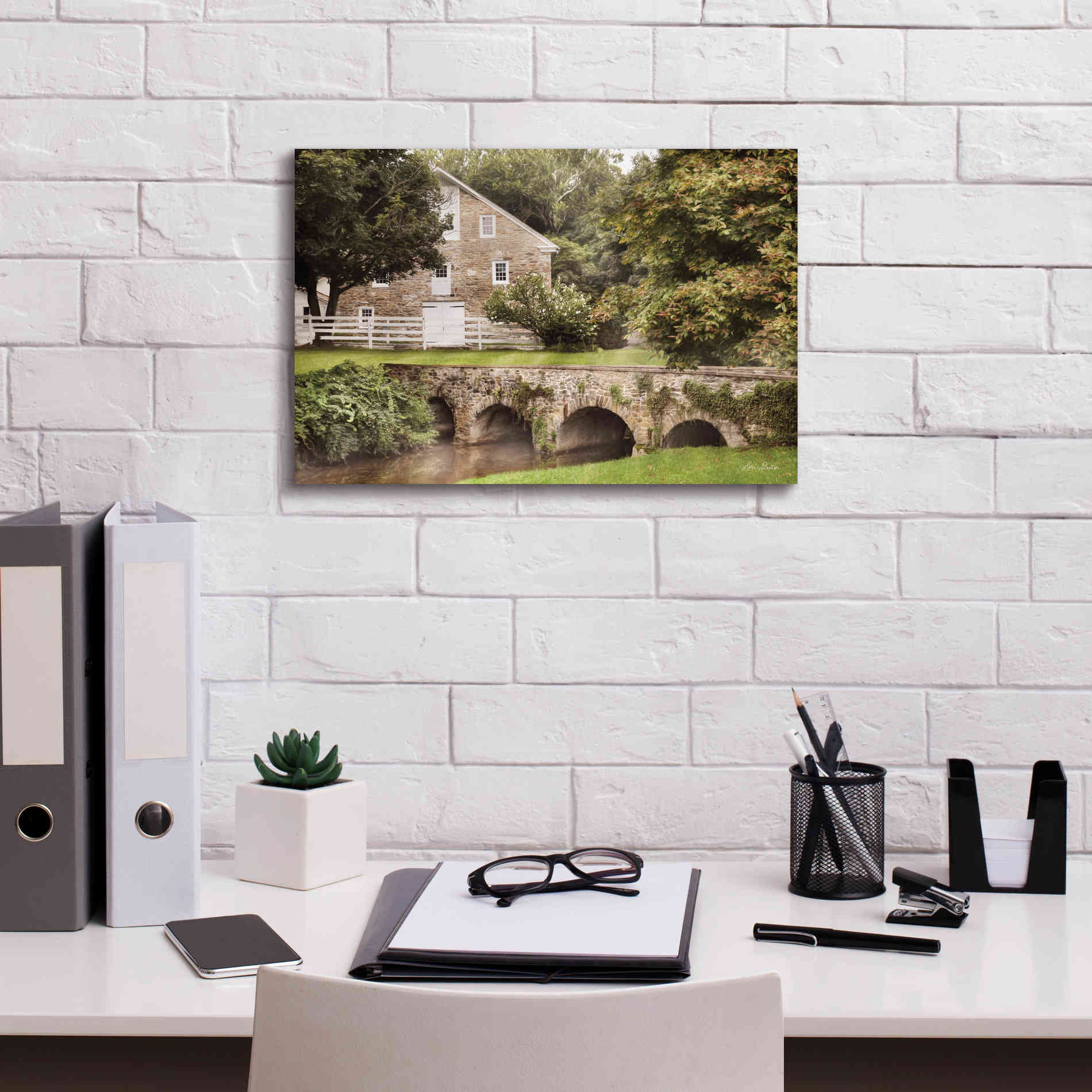 'Old Stone Barn and Bridge' by Lori Deiter, Canvas Wall Art,18 x 12