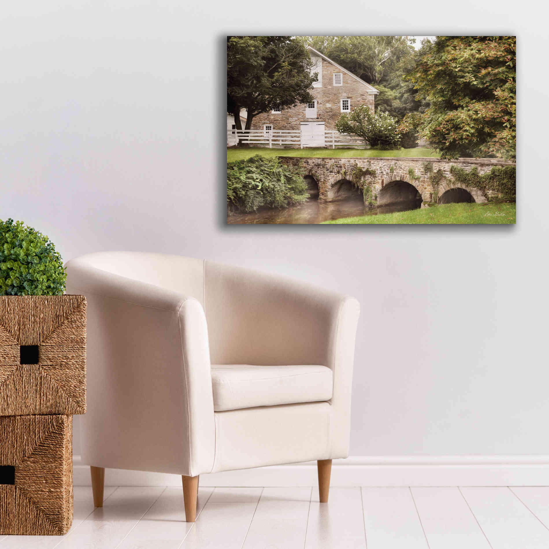 'Old Stone Barn and Bridge' by Lori Deiter, Canvas Wall Art,40 x 26