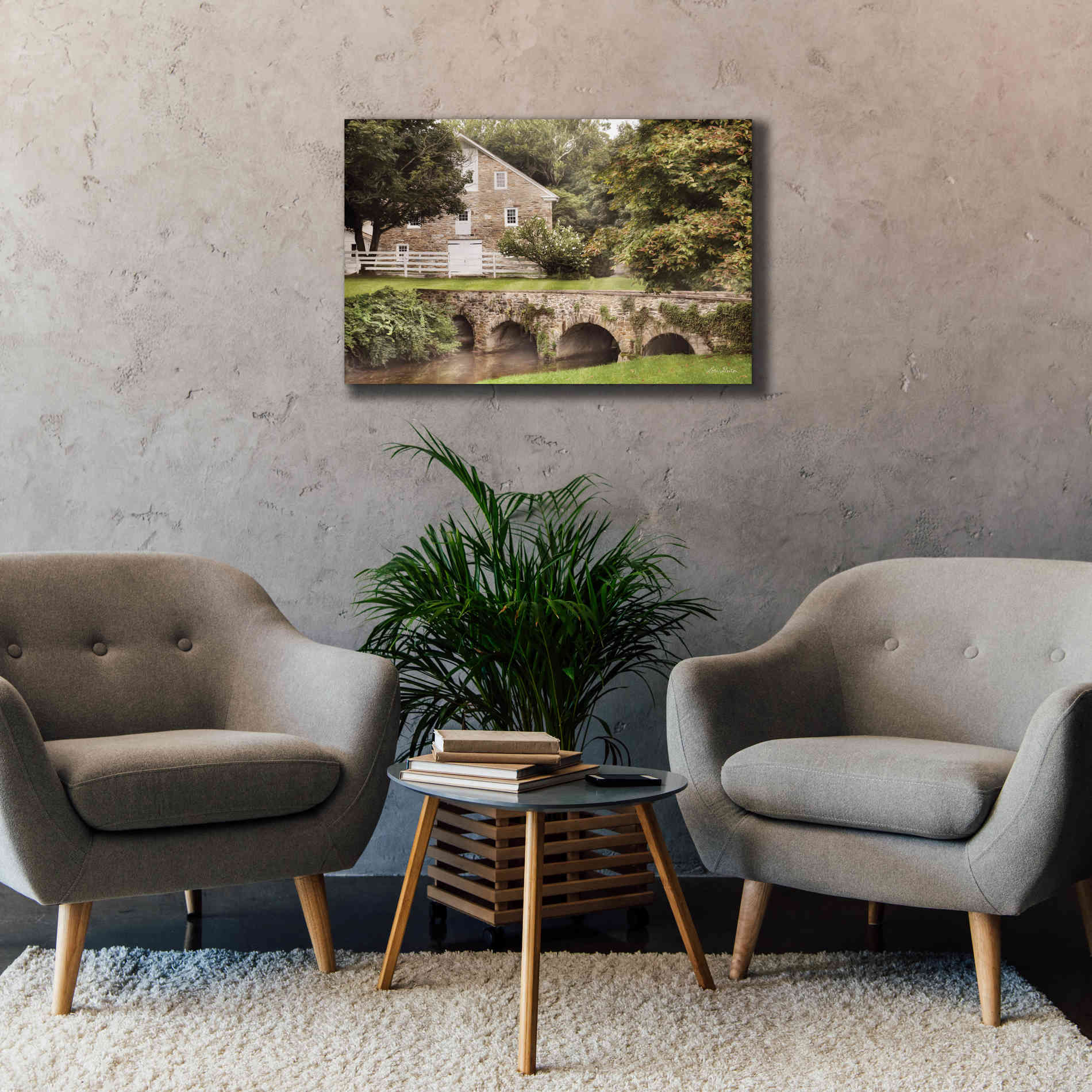 'Old Stone Barn and Bridge' by Lori Deiter, Canvas Wall Art,40 x 26