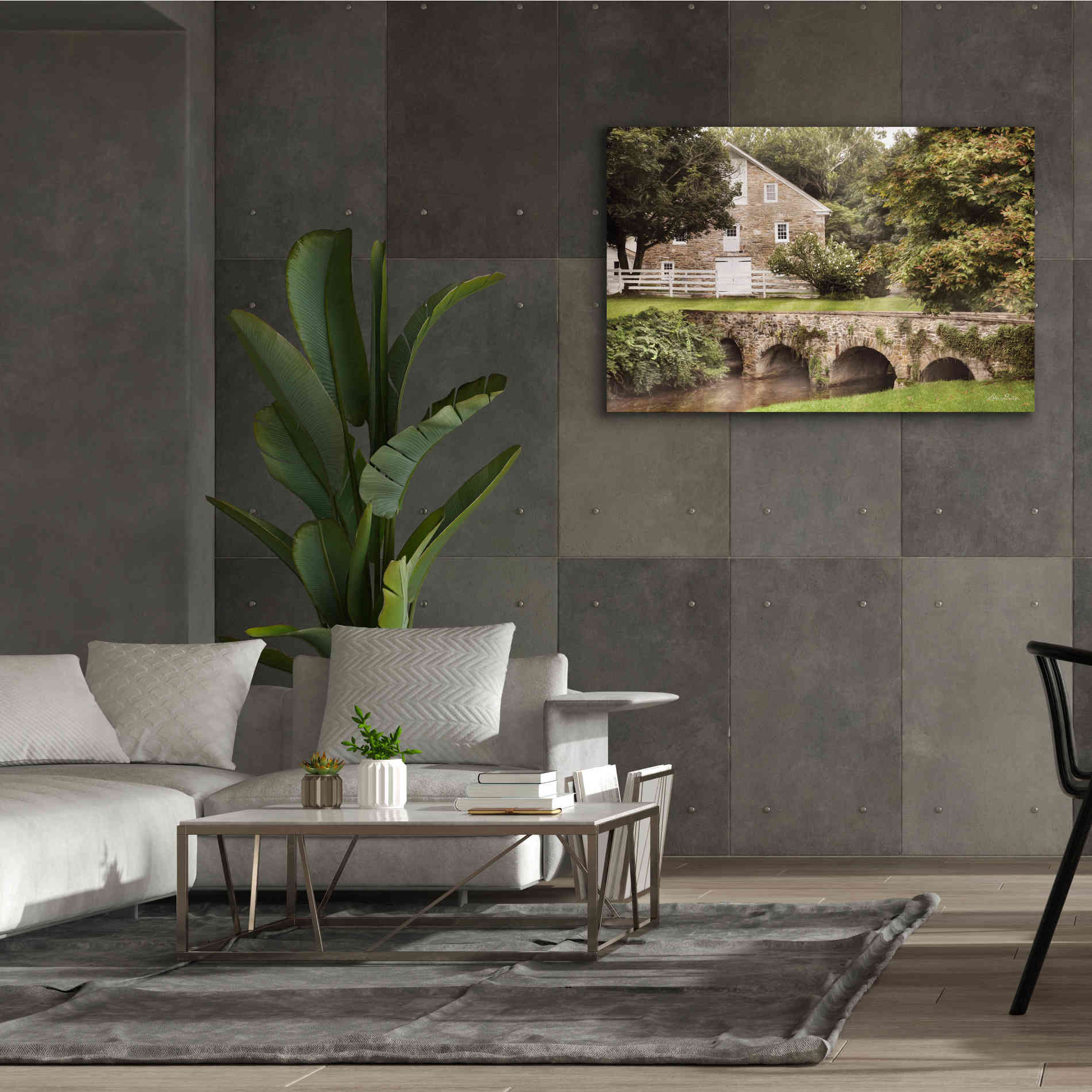 'Old Stone Barn and Bridge' by Lori Deiter, Canvas Wall Art,60 x 40