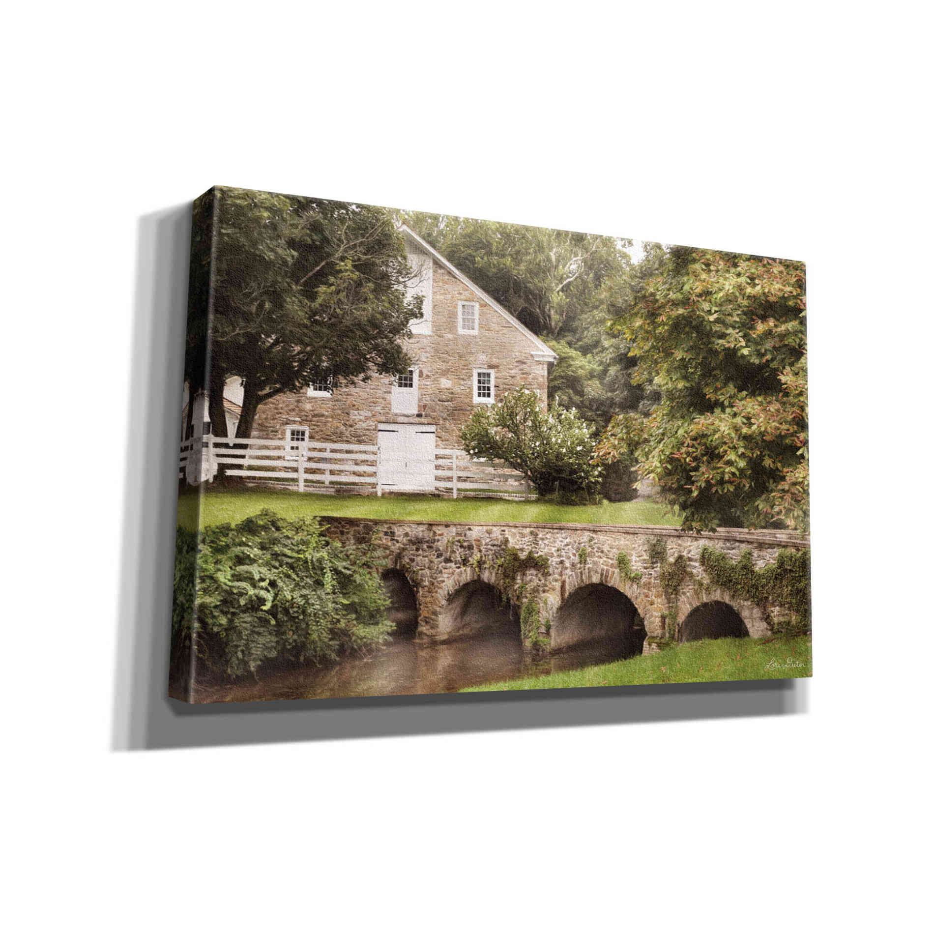 'Old Stone Barn and Bridge' by Lori Deiter, Canvas Wall Art