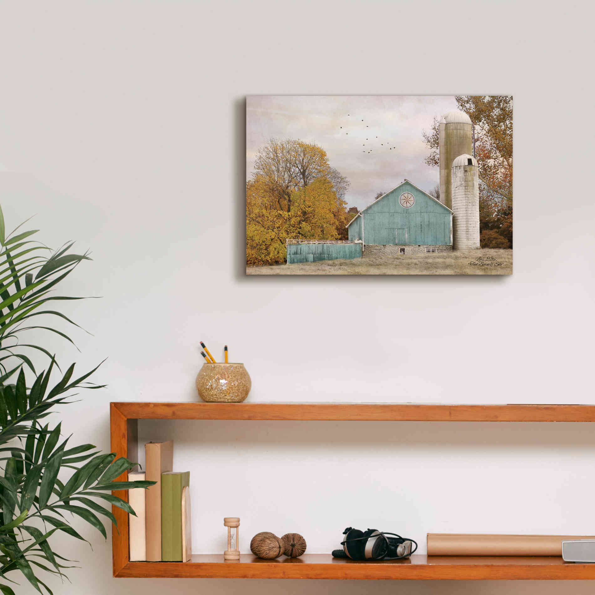 'Teal Barn and Silo' by Lori Deiter, Canvas Wall Art,18 x 12