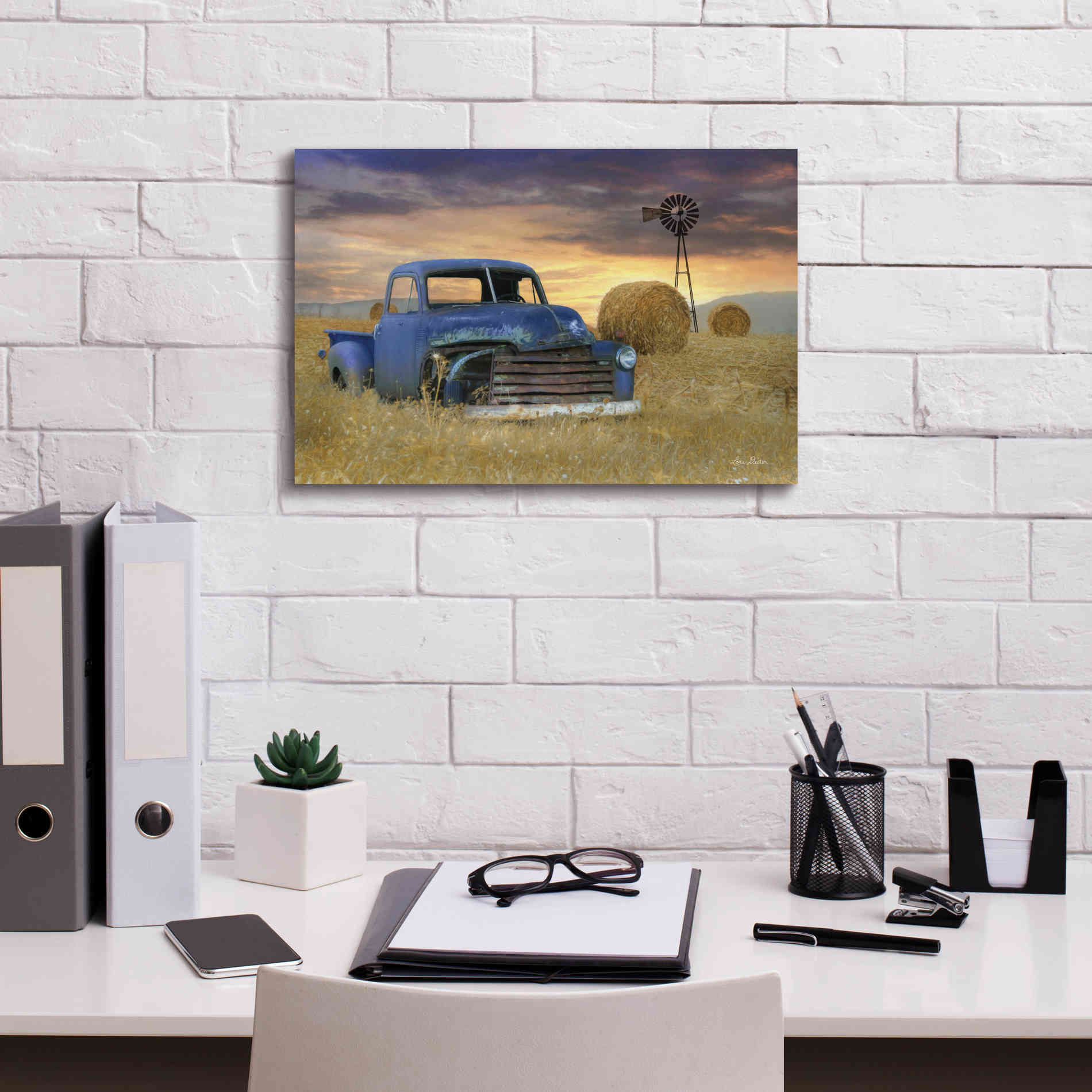 'Old Chevy with Windmill' by Lori Deiter, Canvas Wall Art,18 x 12