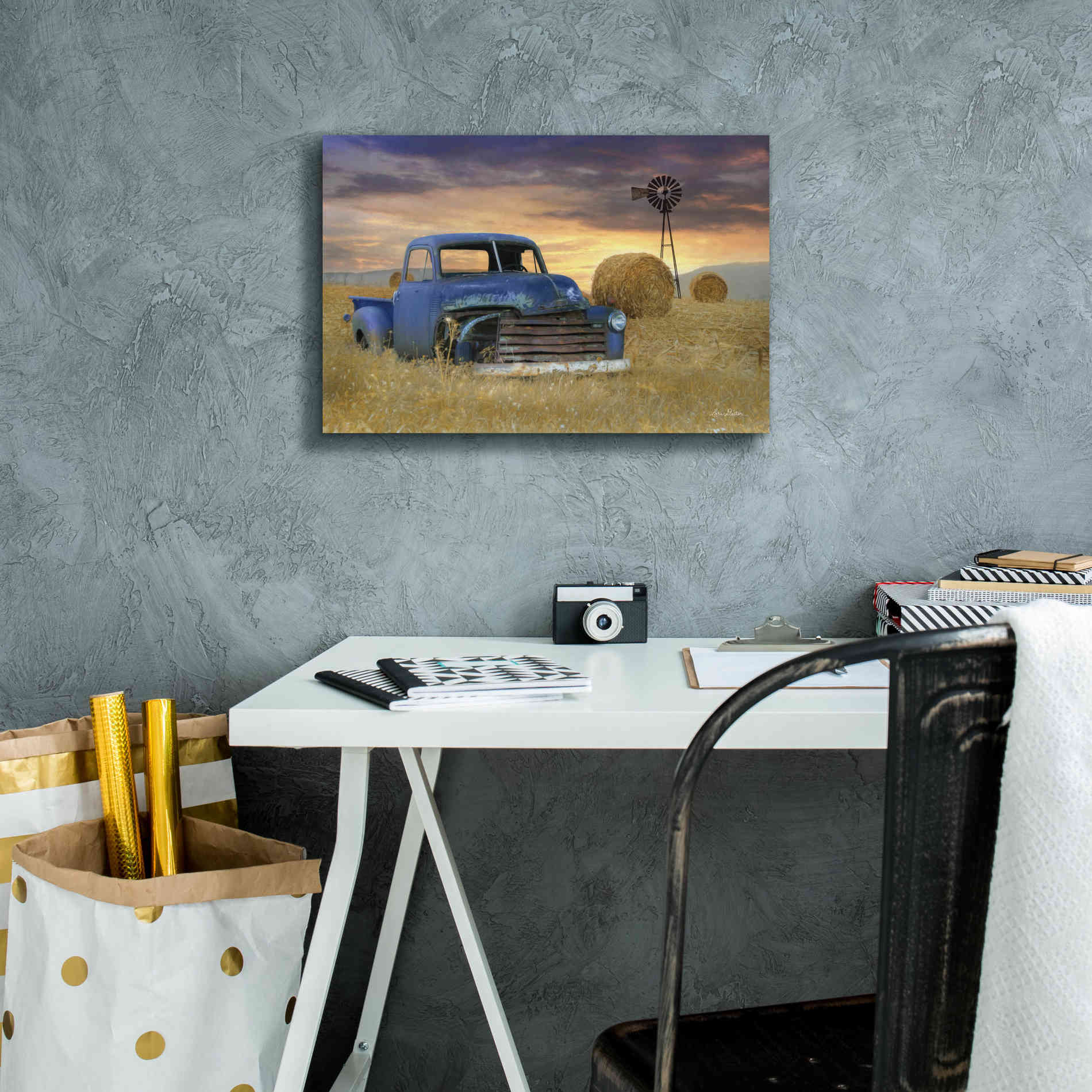 'Old Chevy with Windmill' by Lori Deiter, Canvas Wall Art,18 x 12