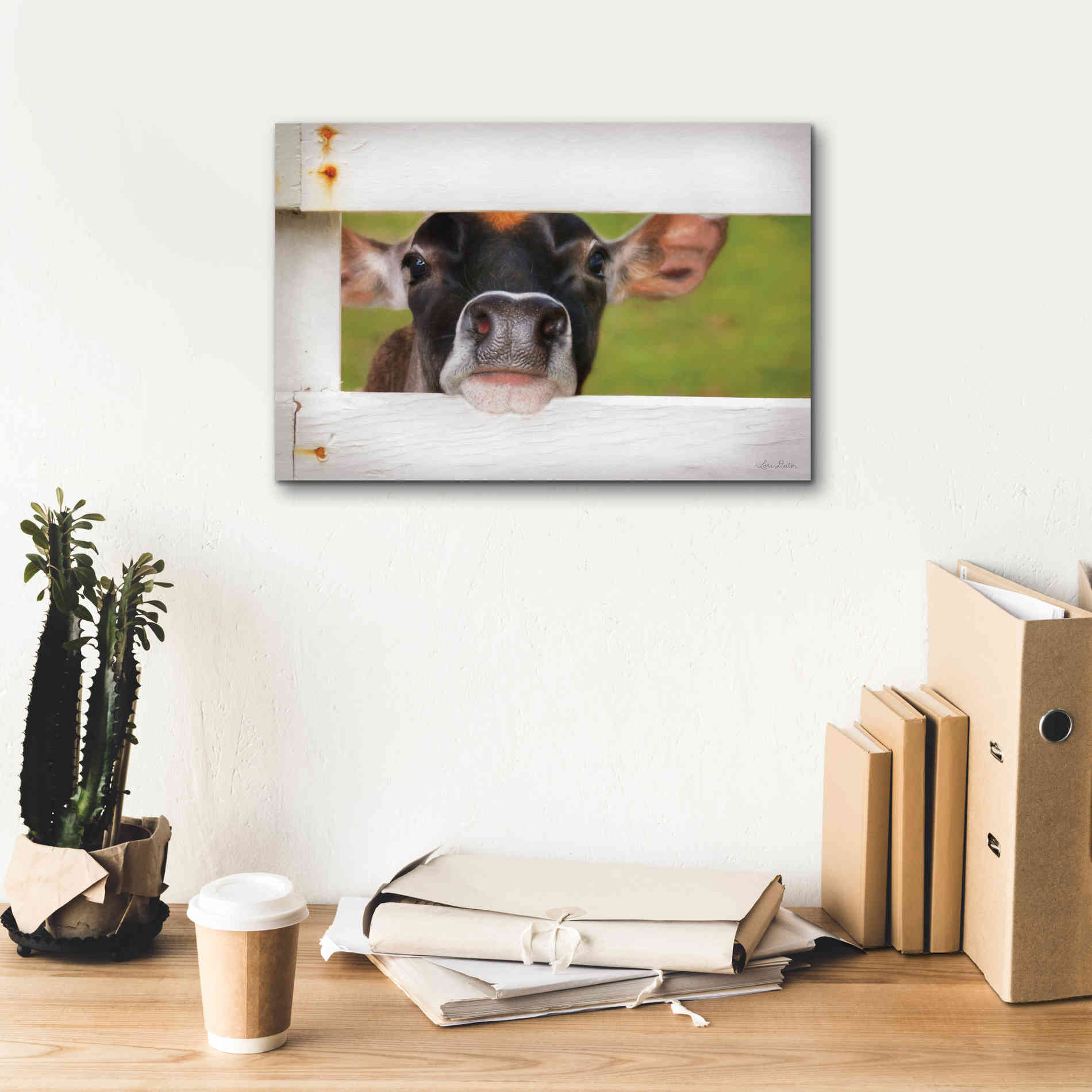 'Cow at Fence' by Lori Deiter, Canvas Wall Art,18 x 12