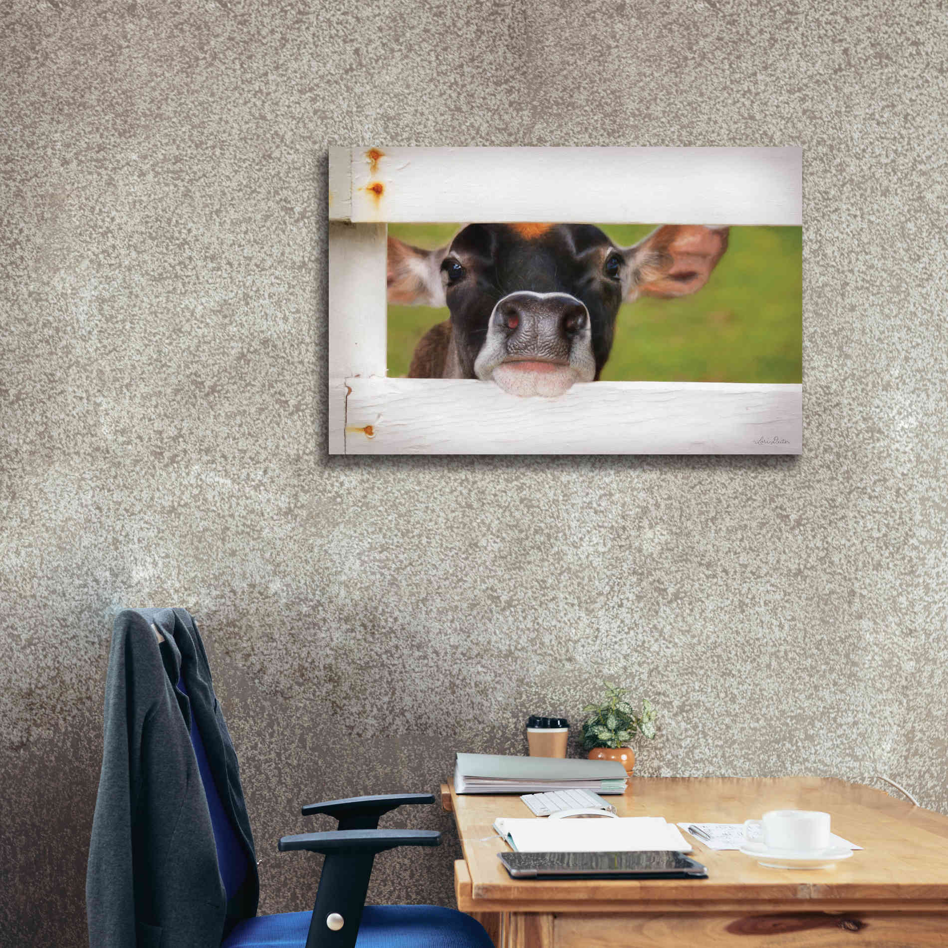 'Cow at Fence' by Lori Deiter, Canvas Wall Art,40 x 26