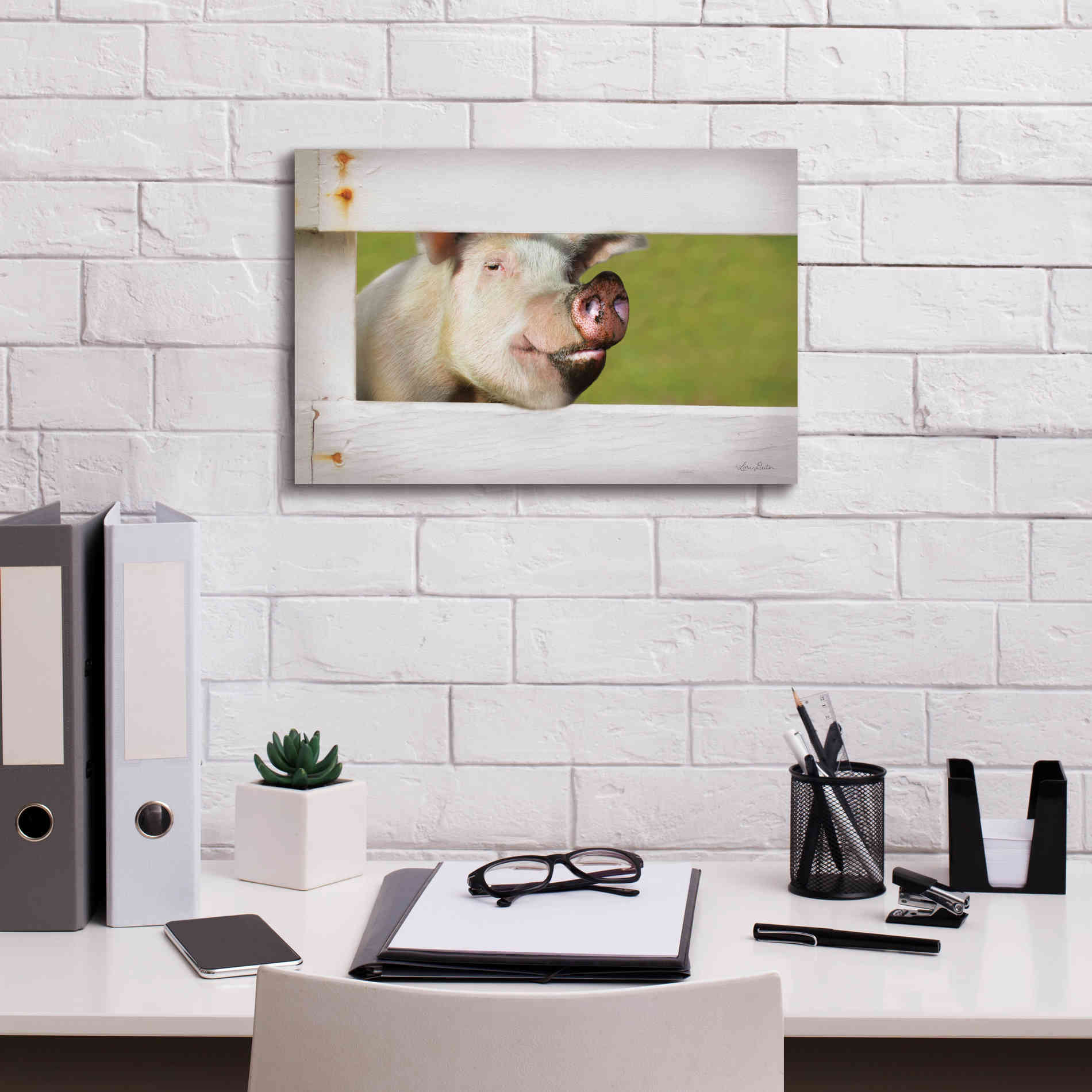 'Pig at Fence' by Lori Deiter, Canvas Wall Art,18 x 12