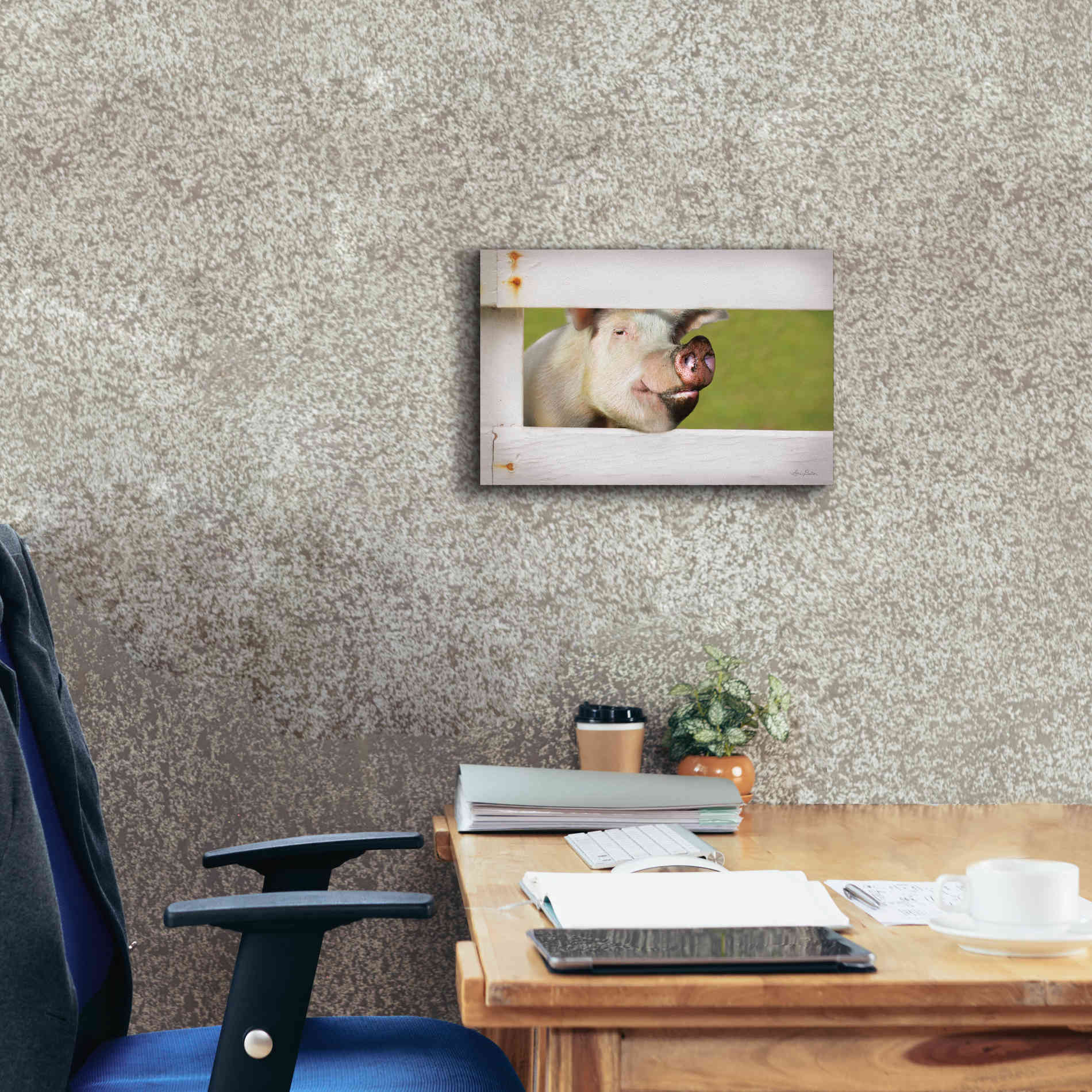 'Pig at Fence' by Lori Deiter, Canvas Wall Art,18 x 12