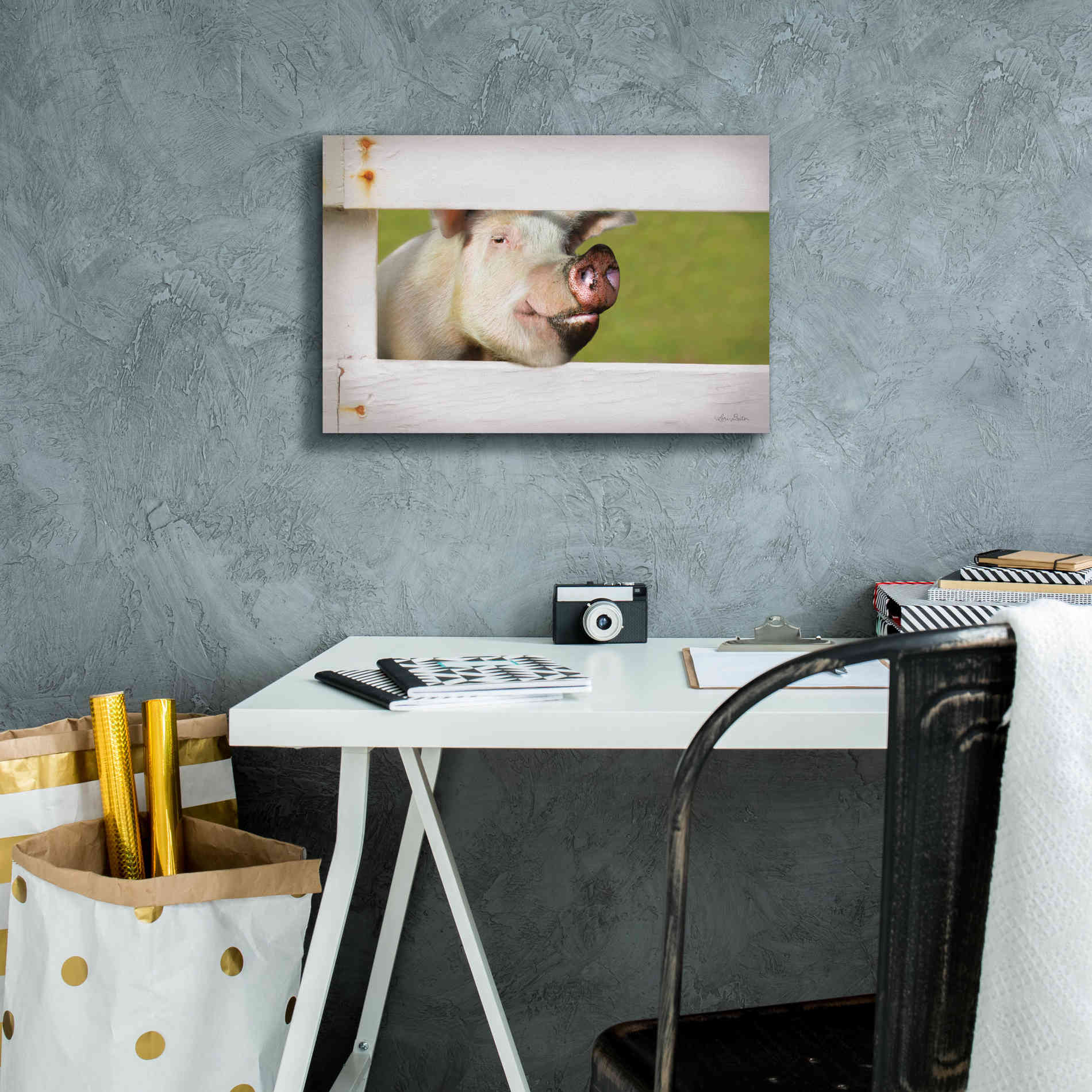 'Pig at Fence' by Lori Deiter, Canvas Wall Art,18 x 12