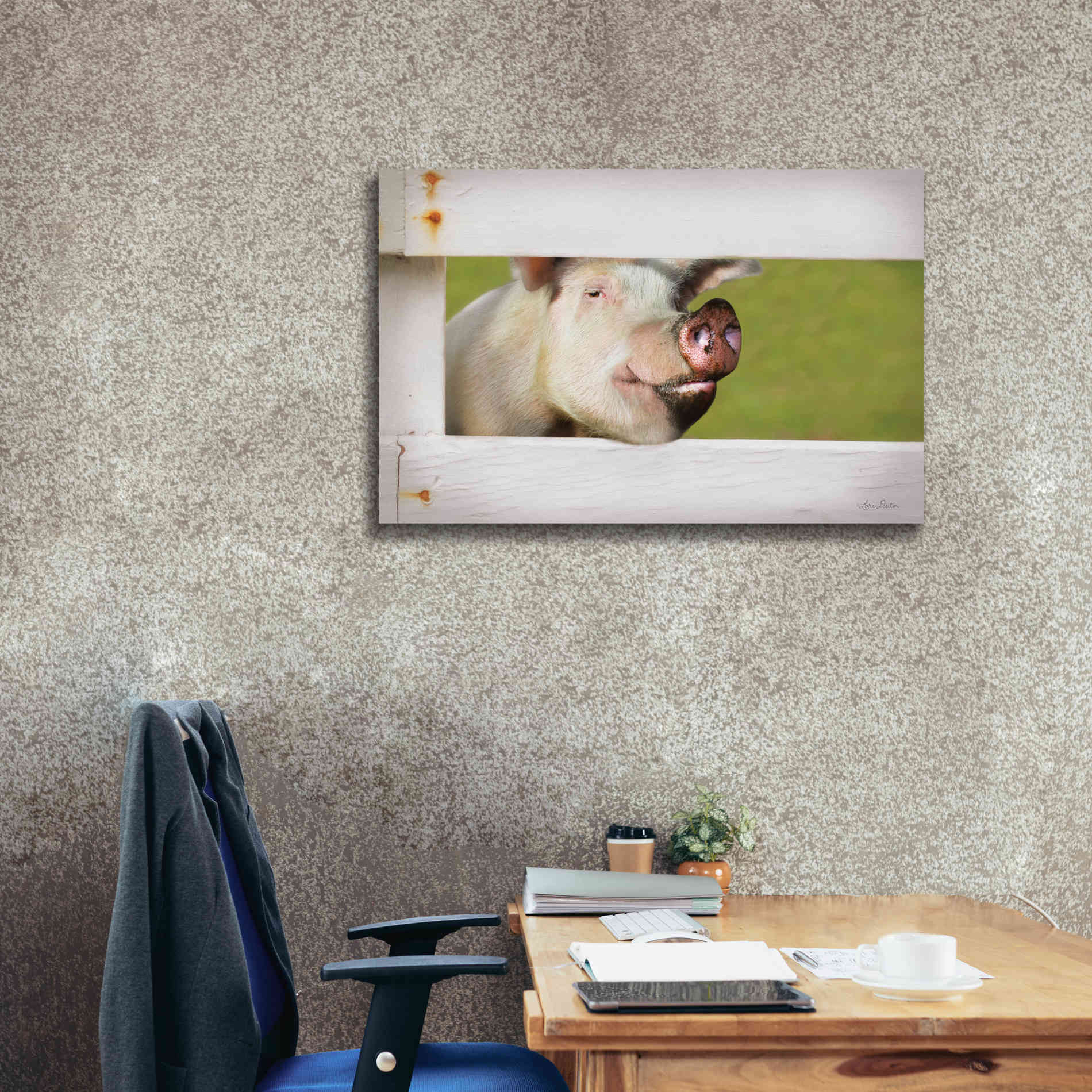 'Pig at Fence' by Lori Deiter, Canvas Wall Art,40 x 26