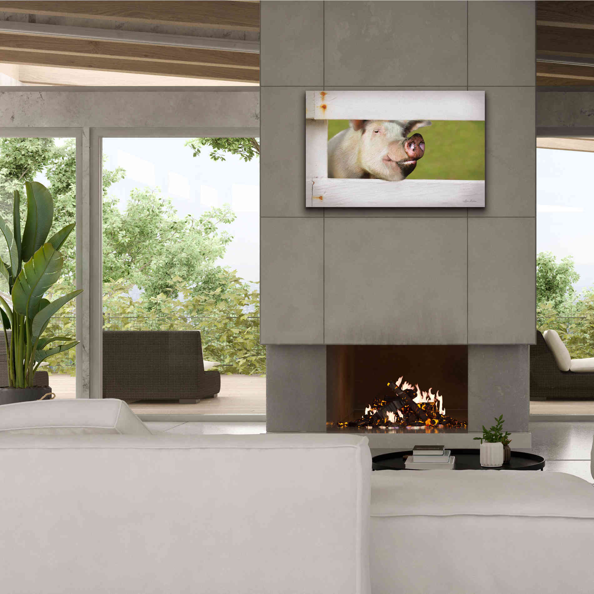 'Pig at Fence' by Lori Deiter, Canvas Wall Art,40 x 26