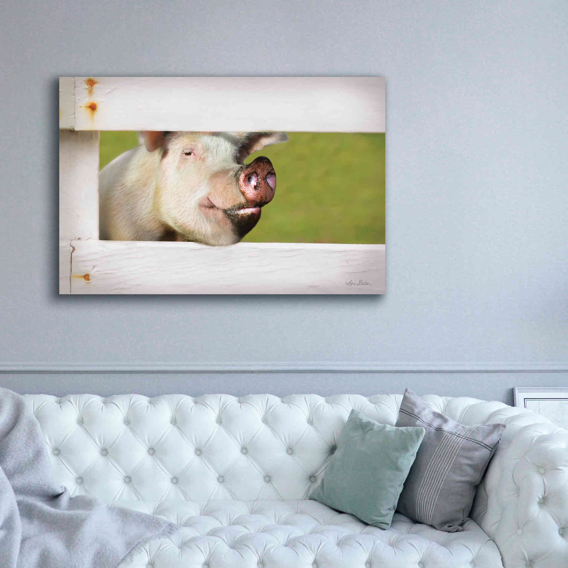 'Pig at Fence' by Lori Deiter, Canvas Wall Art,60 x 40